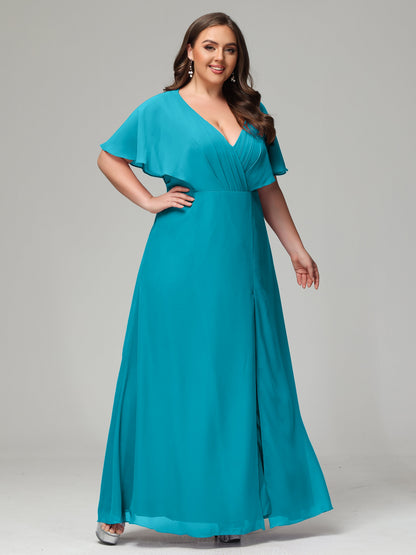 V-Neck Short Sleeves Plus Size Chiffon Bridesmaid Dresses