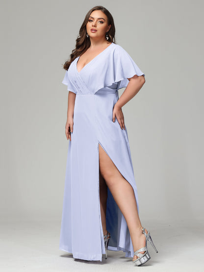 V-Neck Short Sleeves Plus Size Chiffon Bridesmaid Dresses