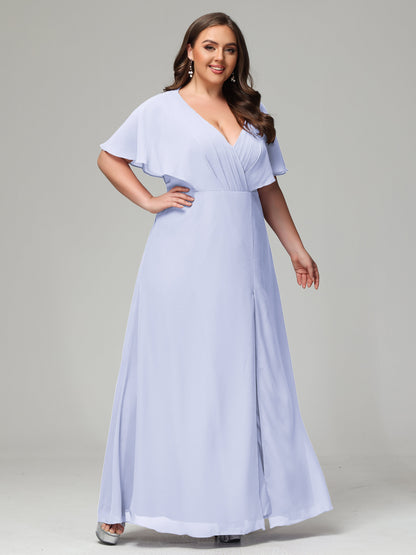 V-Neck Short Sleeves Plus Size Chiffon Bridesmaid Dresses
