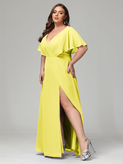 V-Neck Short Sleeves Plus Size Chiffon Bridesmaid Dresses