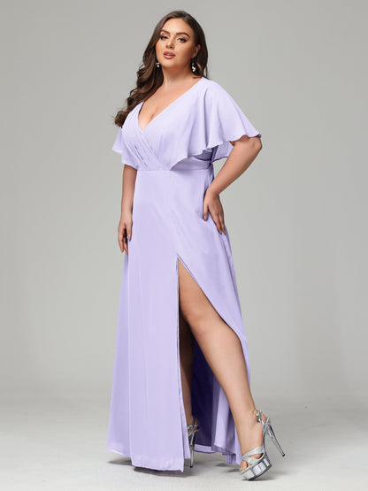 V-Neck Short Sleeves Plus Size Chiffon Bridesmaid Dresses