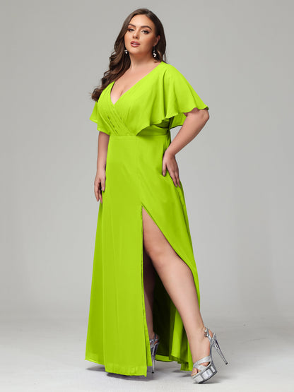 V-Neck Short Sleeves Plus Size Chiffon Bridesmaid Dresses
