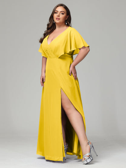 V-Neck Short Sleeves Plus Size Chiffon Bridesmaid Dresses