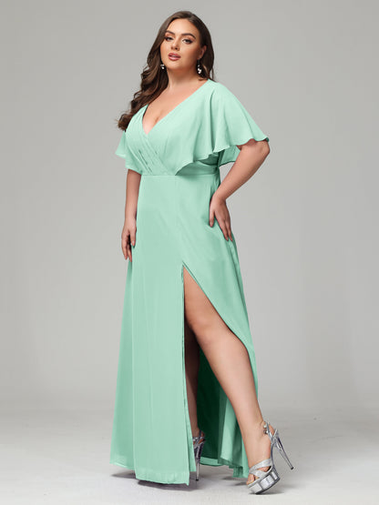 V-Neck Short Sleeves Plus Size Chiffon Bridesmaid Dresses