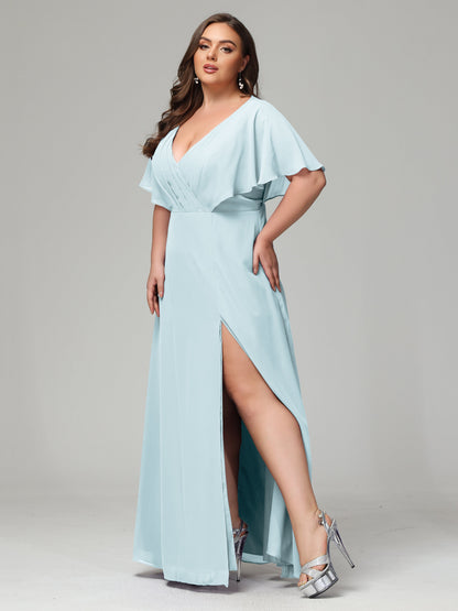 V-Neck Short Sleeves Plus Size Chiffon Bridesmaid Dresses