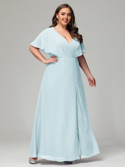 V-Neck Short Sleeves Plus Size Chiffon Bridesmaid Dresses