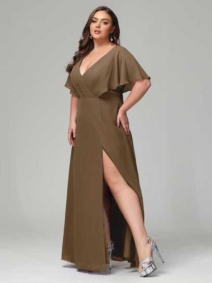 V-Neck Short Sleeves Plus Size Chiffon Bridesmaid Dresses