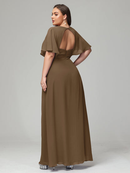 V-Neck Short Sleeves Plus Size Chiffon Bridesmaid Dresses