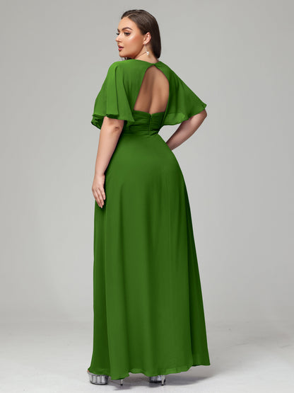 V-Neck Short Sleeves Plus Size Chiffon Bridesmaid Dresses