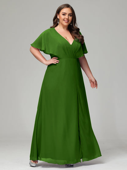 V-Neck Short Sleeves Plus Size Chiffon Bridesmaid Dresses