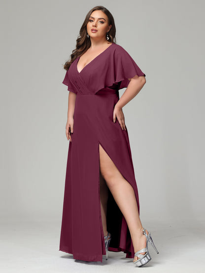 V-Neck Short Sleeves Plus Size Chiffon Bridesmaid Dresses