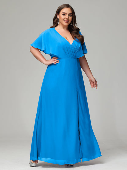V-Neck Short Sleeves Plus Size Chiffon Bridesmaid Dresses
