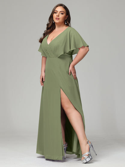V-Neck Short Sleeves Plus Size Chiffon Bridesmaid Dresses