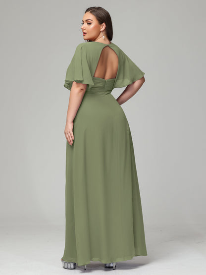 V-Neck Short Sleeves Plus Size Chiffon Bridesmaid Dresses