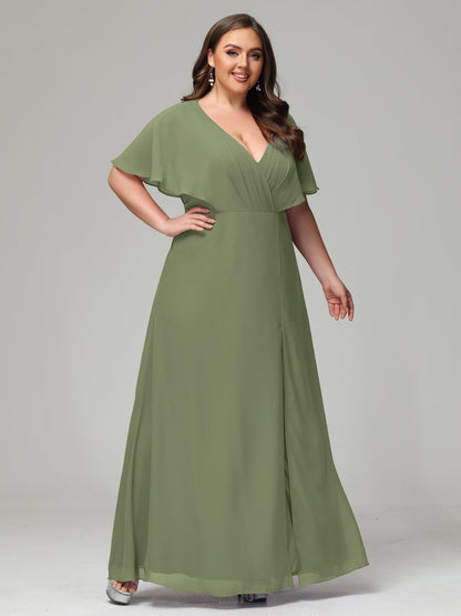 V-Neck Short Sleeves Plus Size Chiffon Bridesmaid Dresses