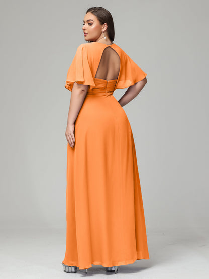 V-Neck Short Sleeves Plus Size Chiffon Bridesmaid Dresses