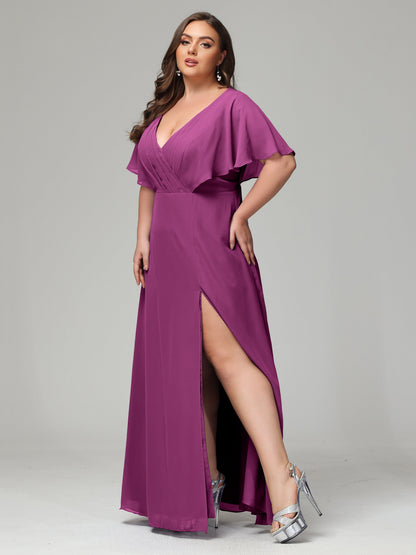 V-Neck Short Sleeves Plus Size Chiffon Bridesmaid Dresses