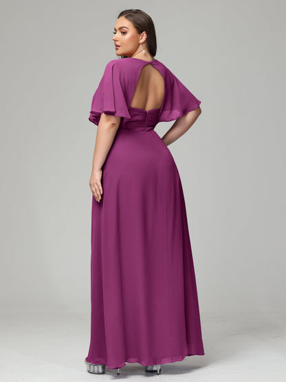 V-Neck Short Sleeves Plus Size Chiffon Bridesmaid Dresses