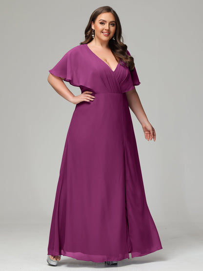 V-Neck Short Sleeves Plus Size Chiffon Bridesmaid Dresses