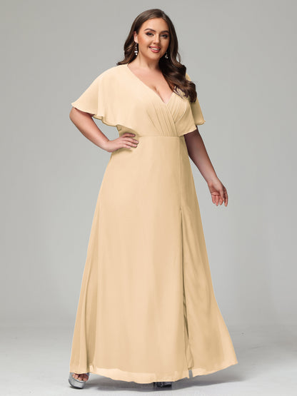 V-Neck Short Sleeves Plus Size Chiffon Bridesmaid Dresses