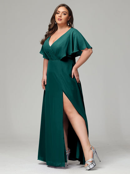 V-Neck Short Sleeves Plus Size Chiffon Bridesmaid Dresses