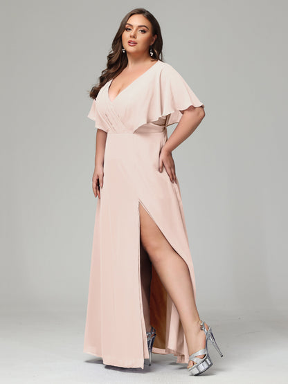 V-Neck Short Sleeves Plus Size Chiffon Bridesmaid Dresses