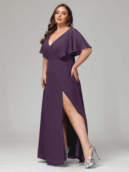 V-Neck Short Sleeves Plus Size Chiffon Bridesmaid Dresses