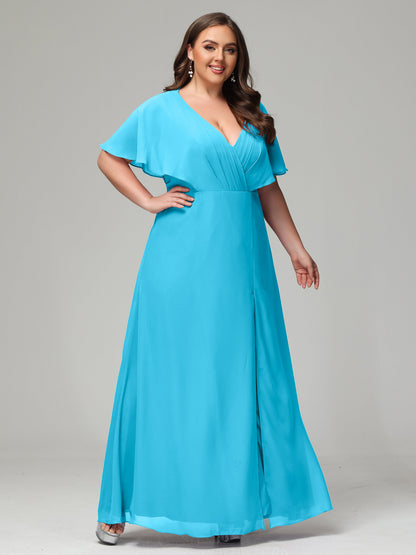 V-Neck Short Sleeves Plus Size Chiffon Bridesmaid Dresses