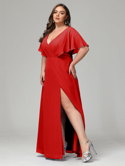 V-Neck Short Sleeves Plus Size Chiffon Bridesmaid Dresses