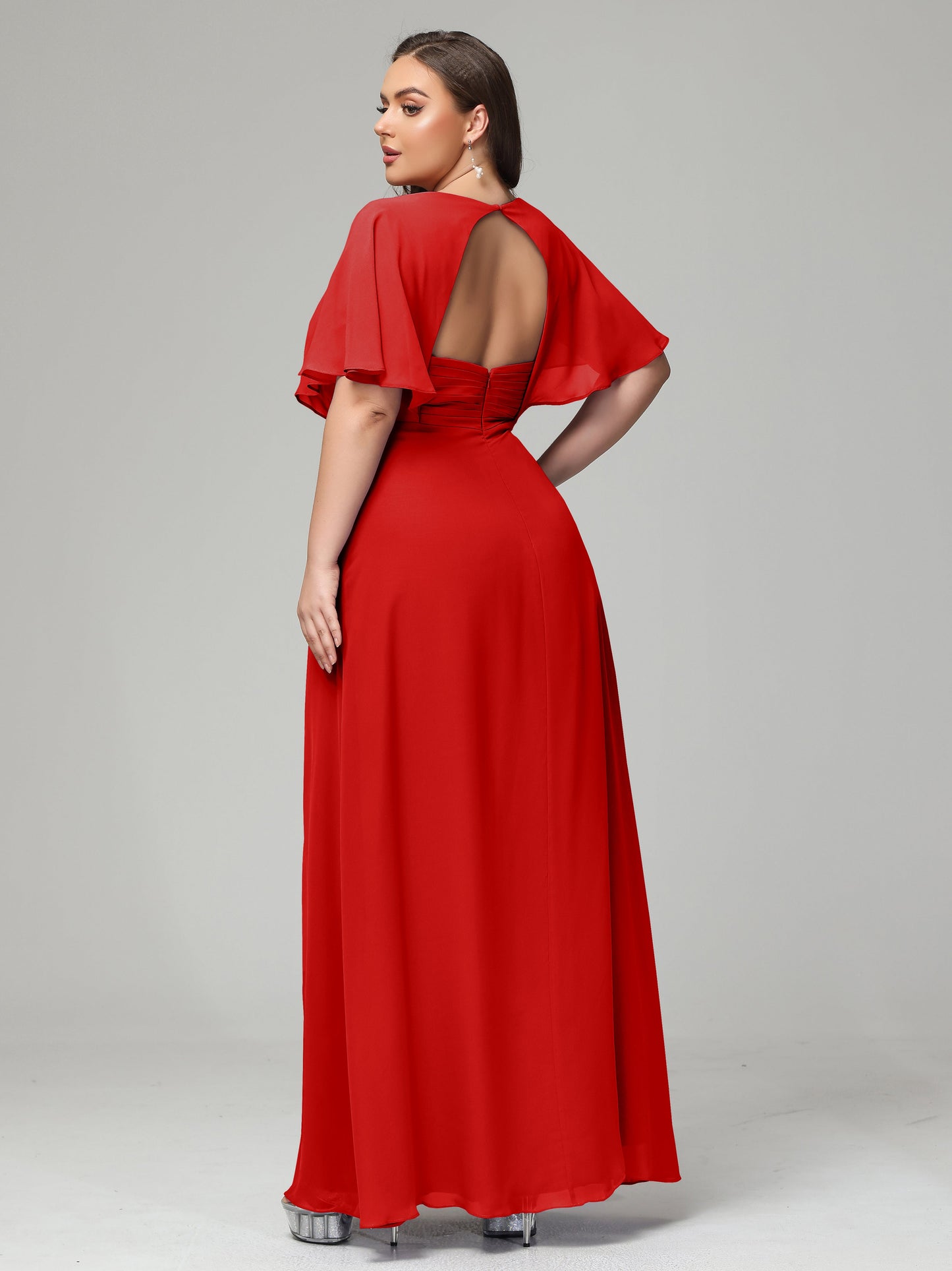 V-Neck Short Sleeves Plus Size Chiffon Bridesmaid Dresses