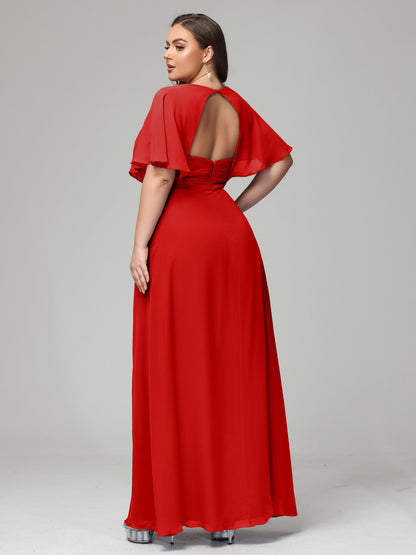 V-Neck Short Sleeves Plus Size Chiffon Bridesmaid Dresses
