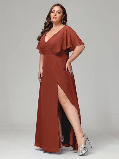 V-Neck Short Sleeves Plus Size Chiffon Bridesmaid Dresses