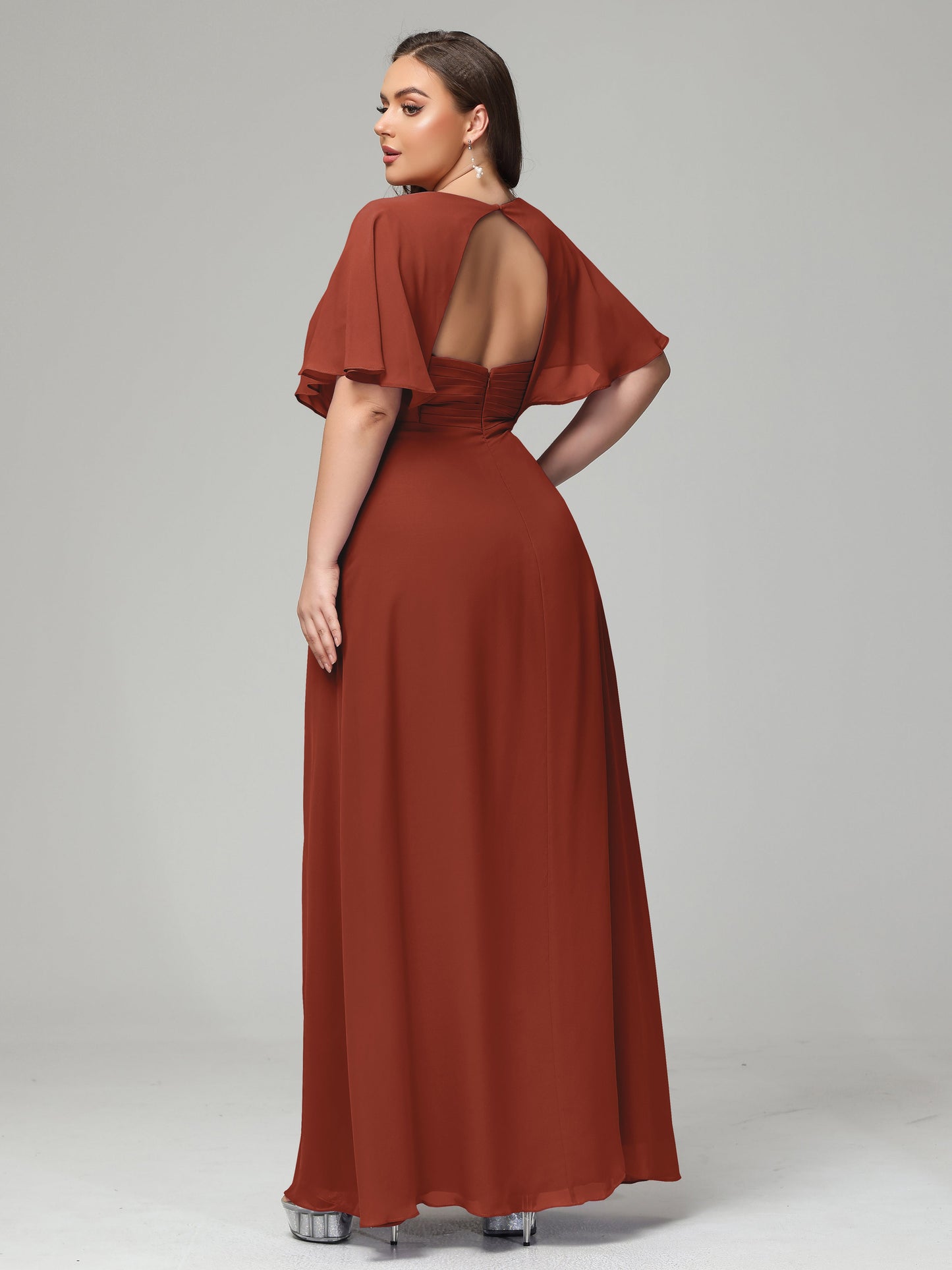 V-Neck Short Sleeves Plus Size Chiffon Bridesmaid Dresses