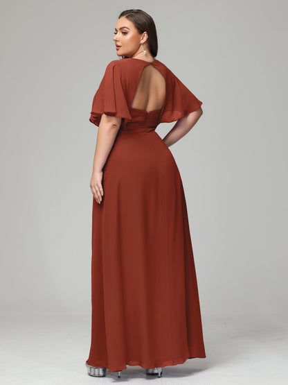 V-Neck Short Sleeves Plus Size Chiffon Bridesmaid Dresses