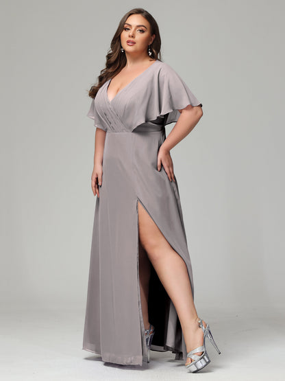 V-Neck Short Sleeves Plus Size Chiffon Bridesmaid Dresses