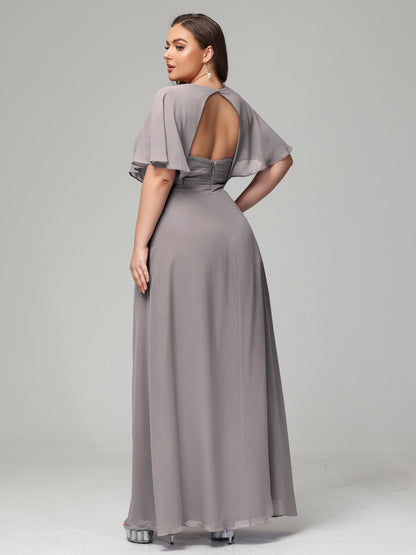 V-Neck Short Sleeves Plus Size Chiffon Bridesmaid Dresses