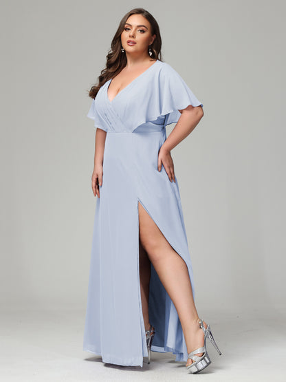 V-Neck Short Sleeves Plus Size Chiffon Bridesmaid Dresses