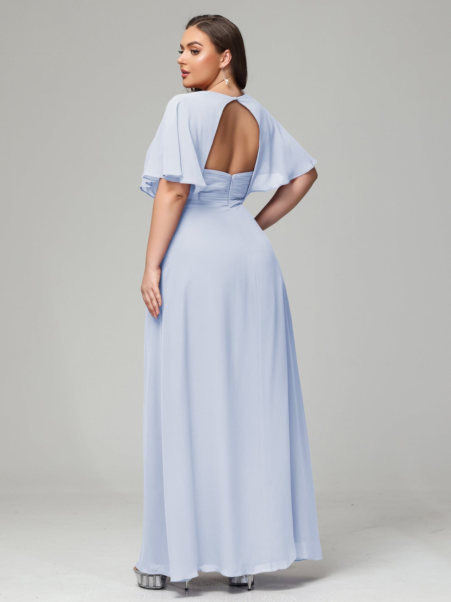 V-Neck Short Sleeves Plus Size Chiffon Bridesmaid Dresses