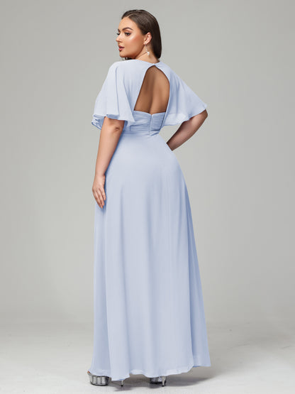 V-Neck Short Sleeves Plus Size Chiffon Bridesmaid Dresses