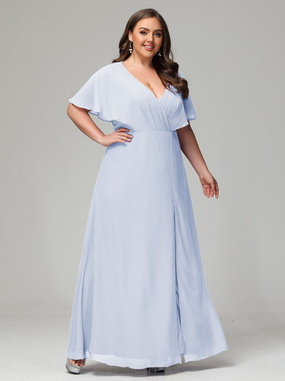 V-Neck Short Sleeves Plus Size Chiffon Bridesmaid Dresses