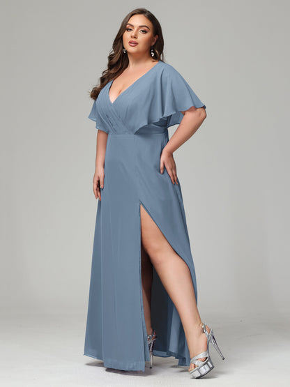 V-Neck Short Sleeves Plus Size Chiffon Bridesmaid Dresses