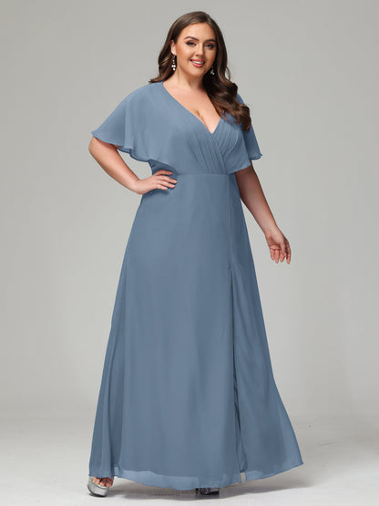 V-Neck Short Sleeves Plus Size Chiffon Bridesmaid Dresses