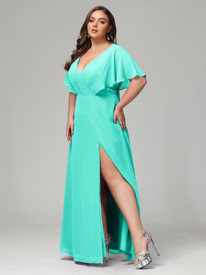 V-Neck Short Sleeves Plus Size Chiffon Bridesmaid Dresses