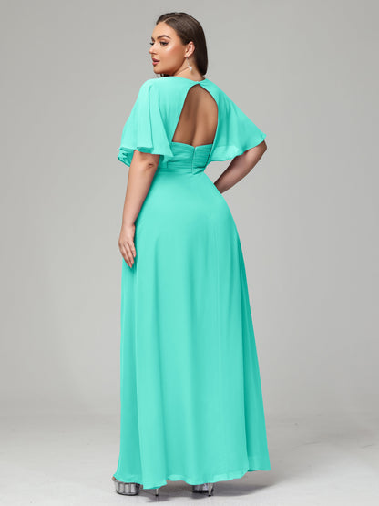 V-Neck Short Sleeves Plus Size Chiffon Bridesmaid Dresses