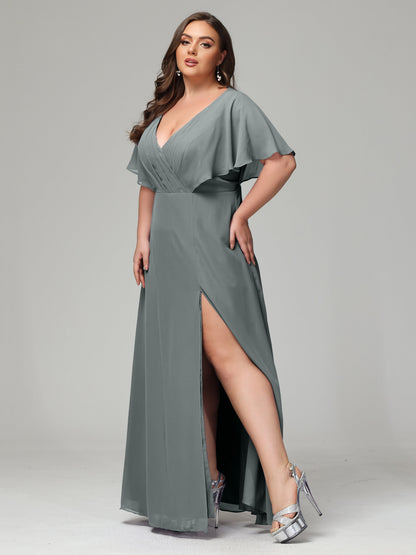 V-Neck Short Sleeves Plus Size Chiffon Bridesmaid Dresses
