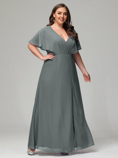 V-Neck Short Sleeves Plus Size Chiffon Bridesmaid Dresses