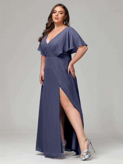 V-Neck Short Sleeves Plus Size Chiffon Bridesmaid Dresses