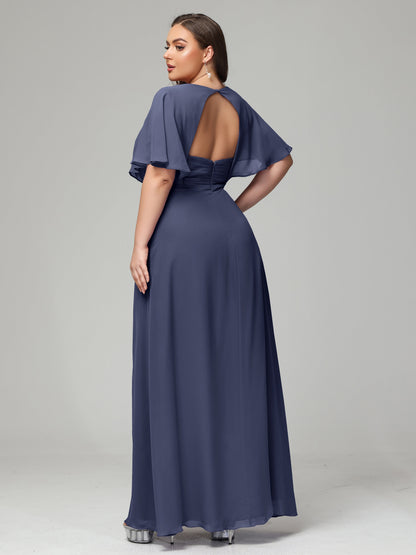V-Neck Short Sleeves Plus Size Chiffon Bridesmaid Dresses