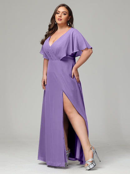 V-Neck Short Sleeves Plus Size Chiffon Bridesmaid Dresses