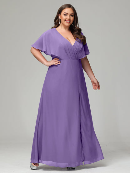 V-Neck Short Sleeves Plus Size Chiffon Bridesmaid Dresses